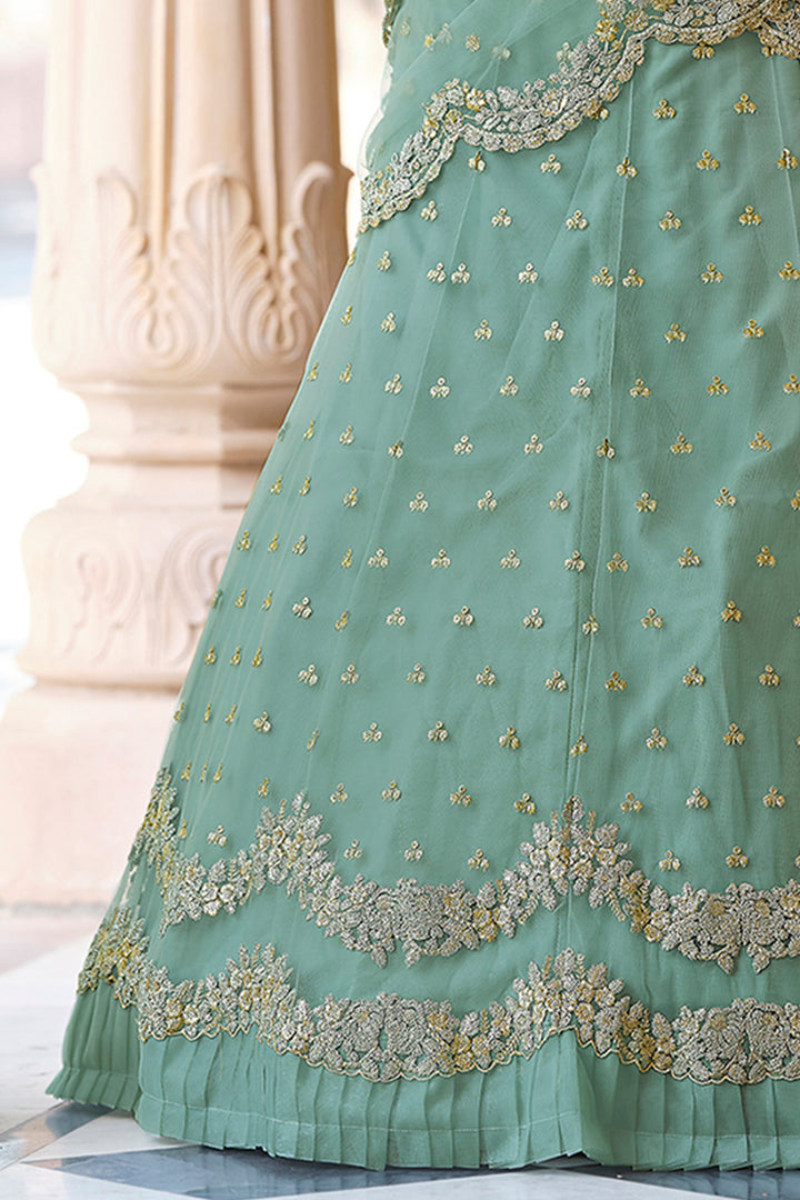 Pista Green Soft Net Lehenga | Sequins and Dori Work Lehenga for Women