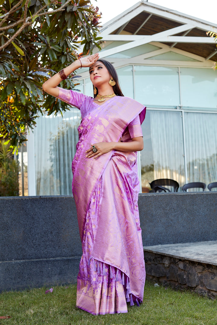 Stunning Purple Satin Silk Saree with dual weave and designer pallu, ideal for bridal celebrations.