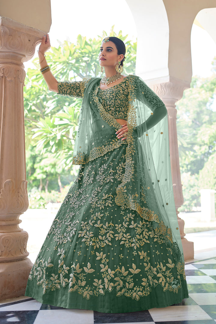 Stylish Dusty Green Lehenga | Soft Net Semi-Stitched Wedding Lehenga