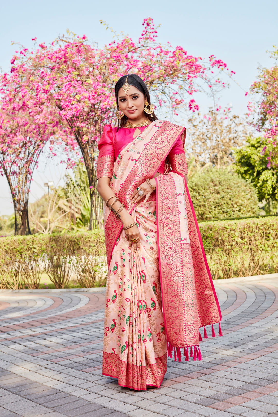 Stunning Dark Peach Kanjivaram Silk Saree perfect for weddings, combining tradition and style.