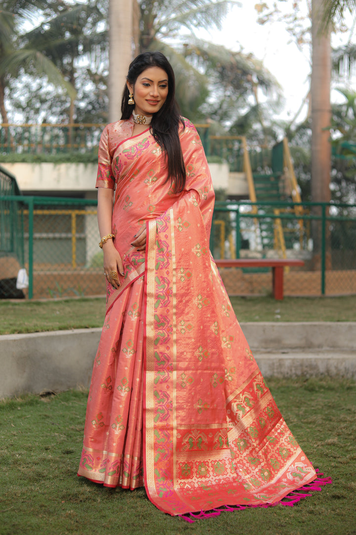 Elegant peach organza saree with Ikkat Patola print, ideal for festive occasions and family gatherings.