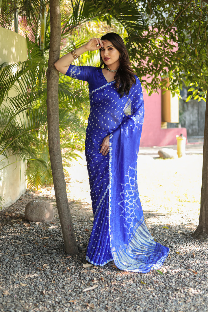 Blue Premium Bandhej Silk Saree with original design and exquisite Zari weaving, perfect for weddings.