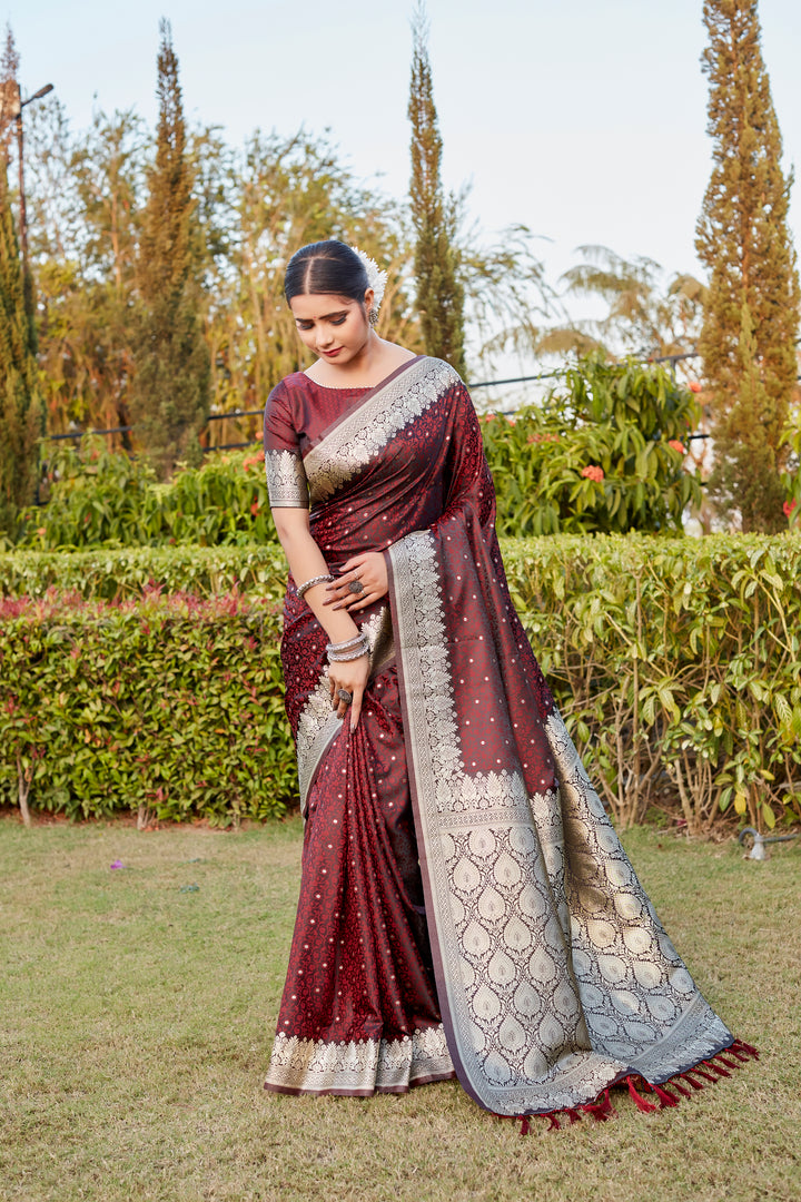 Wine Kanjivaram Satin Silk Saree with intricate Butta design and designer border, ideal for festive wear.