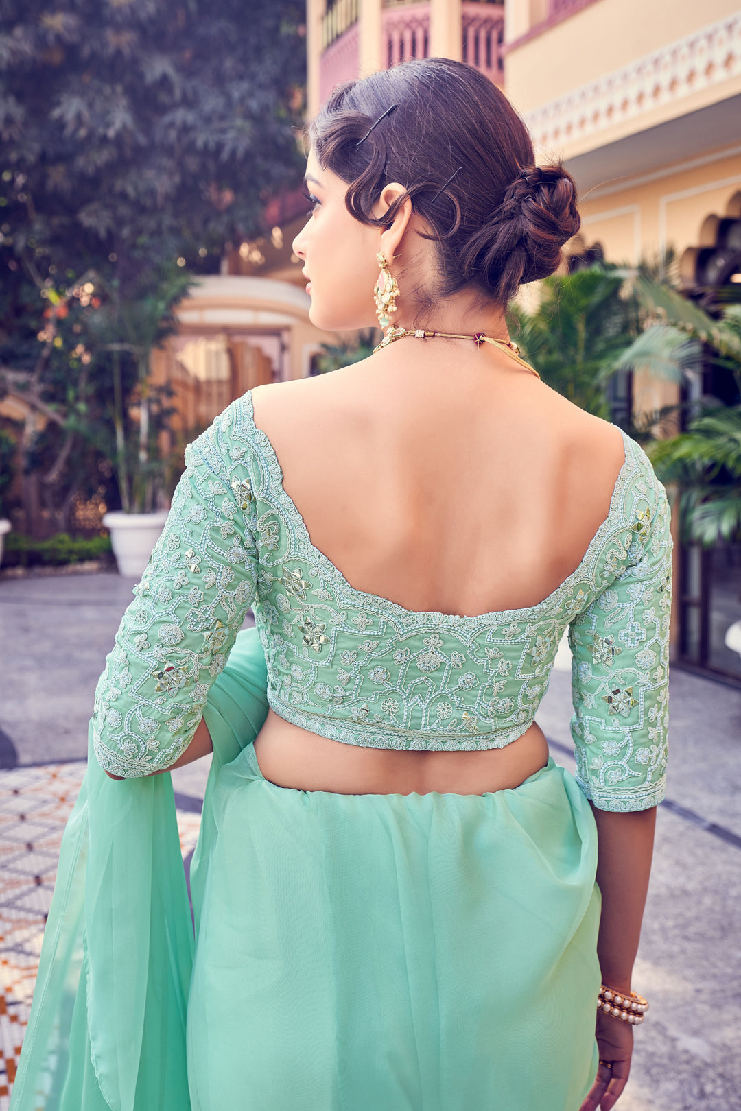 Sea Green Organza Saree | Ruffled Design with Zari Work