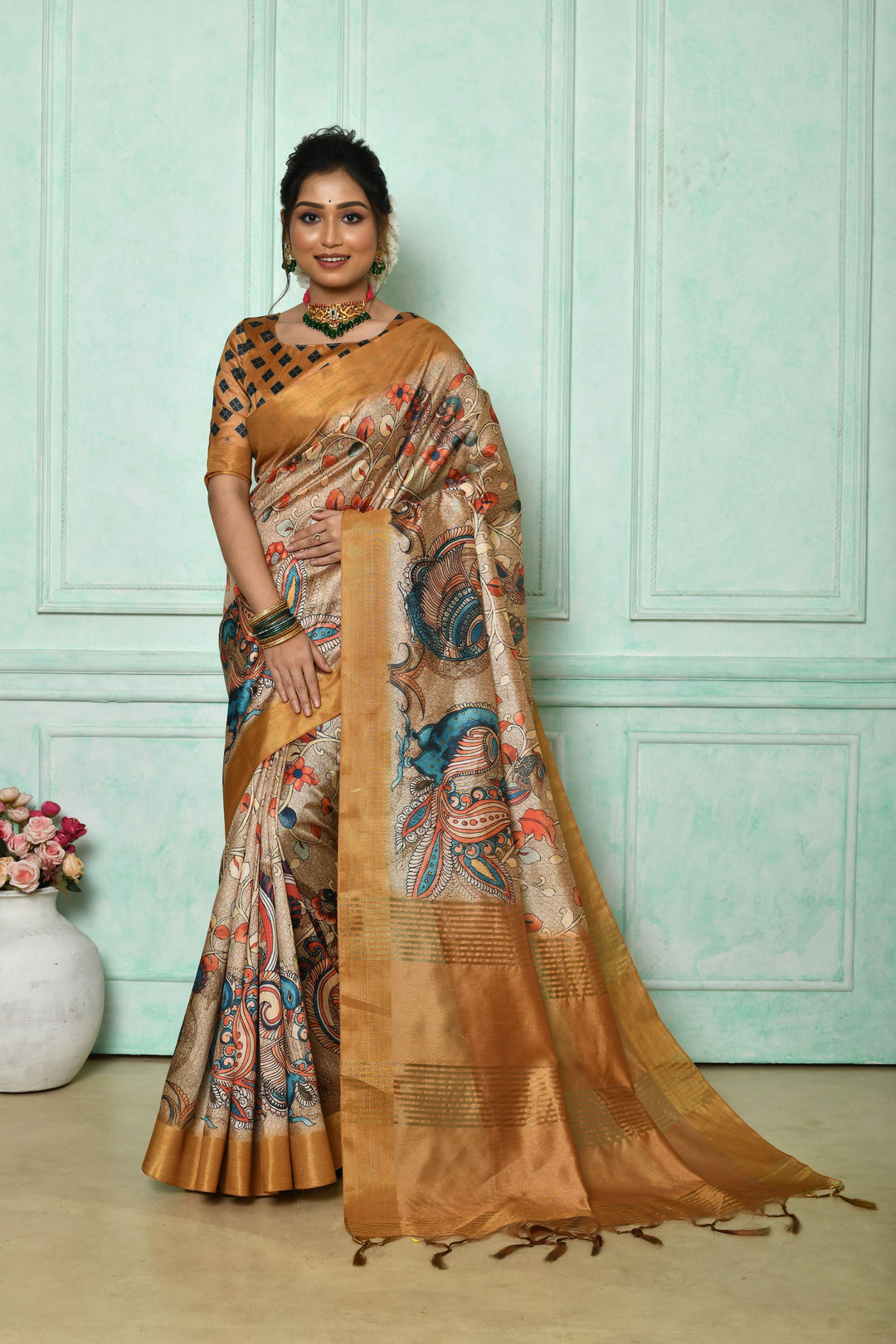 Ghicha Tussar silk saree featuring Kalamkari print and a contrast blouse piece