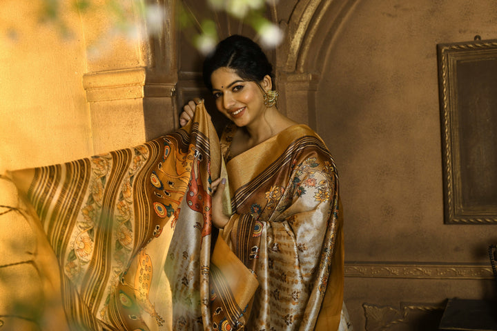 Buy yellow Kalamkari Tussar silk saree with contrast blouse, a perfect fusion of tradition and style in the USA.