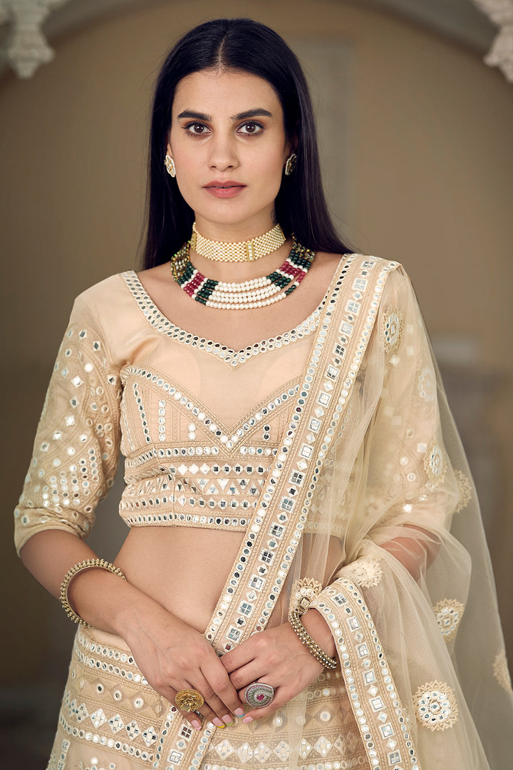 Elegant Cream Organza Lehenga Choli | Thread Embroidery & Foil Mirror Work