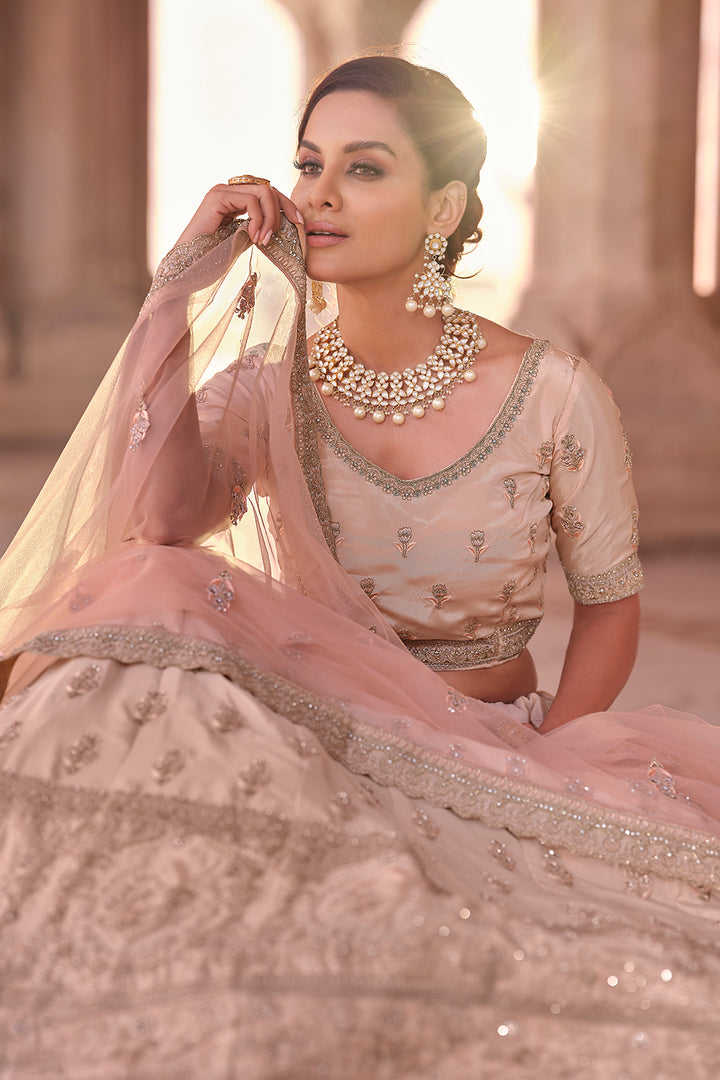 Indian Bridal Lehenga | Peach Soft Net & Crepe Crop Top Set