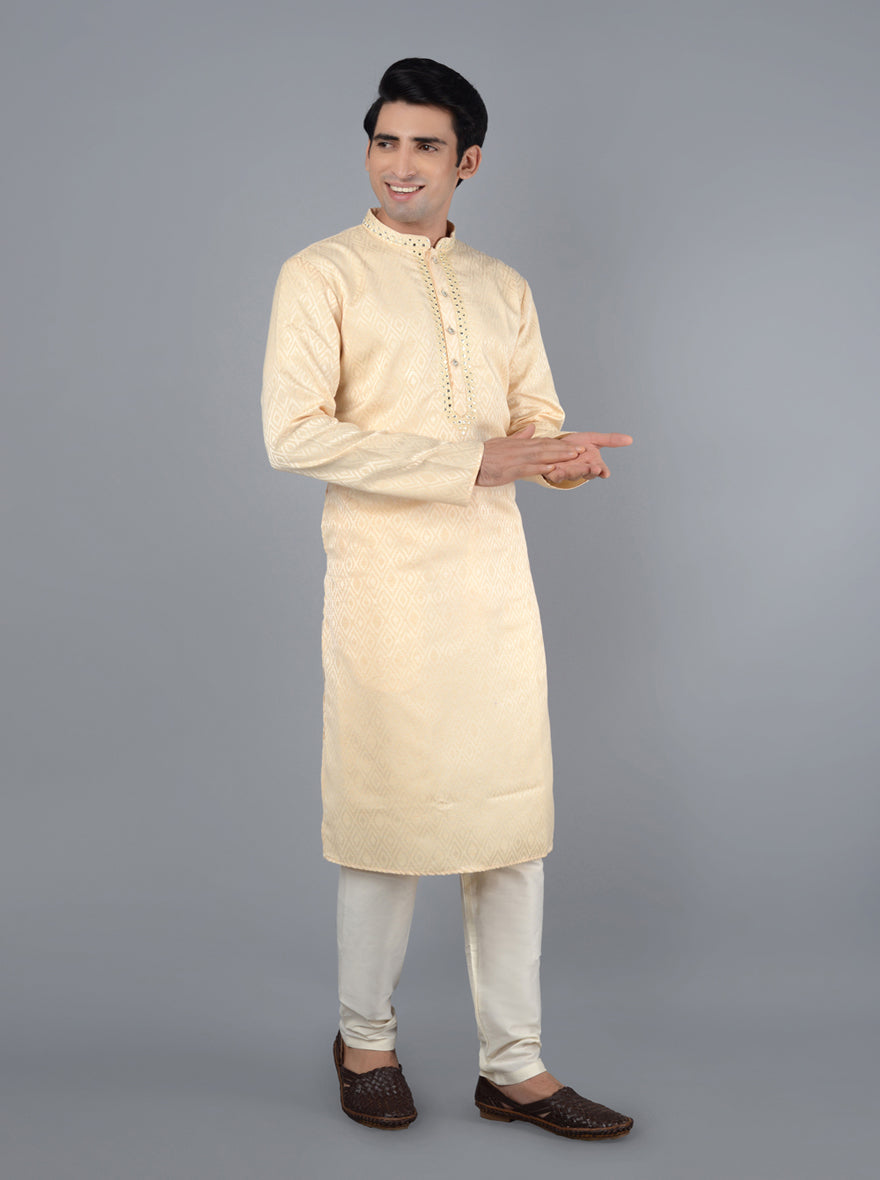 Comfortable Fawn Kurta Set designed from luxurious fabric, ideal for stylish appearances at gatherings.