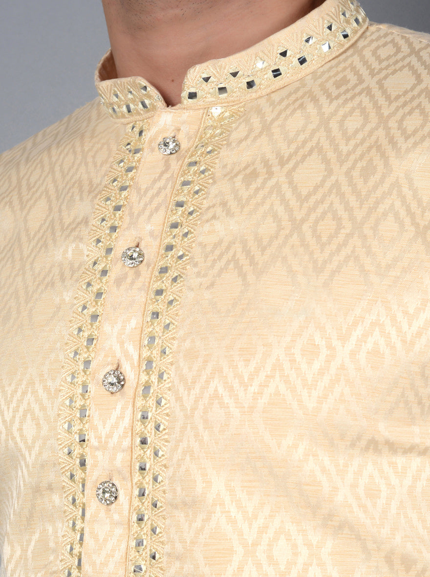 Beautiful Fawn Kurta Set showcasing silk jacquard and embroidery, perfect for making an impression in the USA.