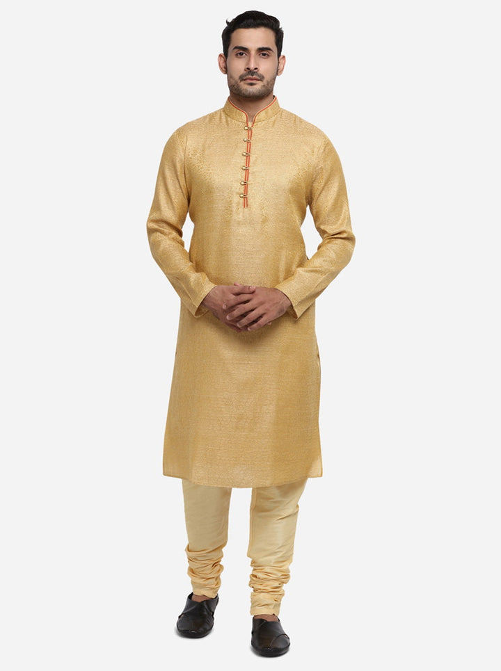 Elevate your festive style with our comfortable golden kurta set, designed for special occasions.