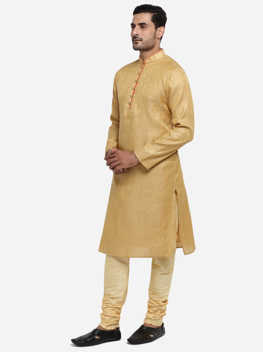 Stylish self-design golden kurta set for men, adding sophistication to your ethnic menswear collection.