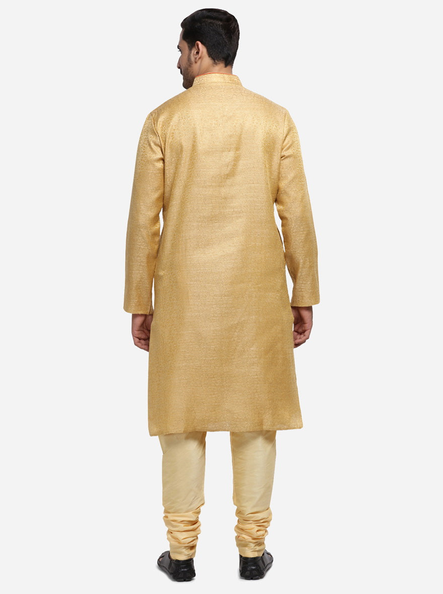 Unique self-design makes this golden kurta set a standout choice for celebrations in the USA.