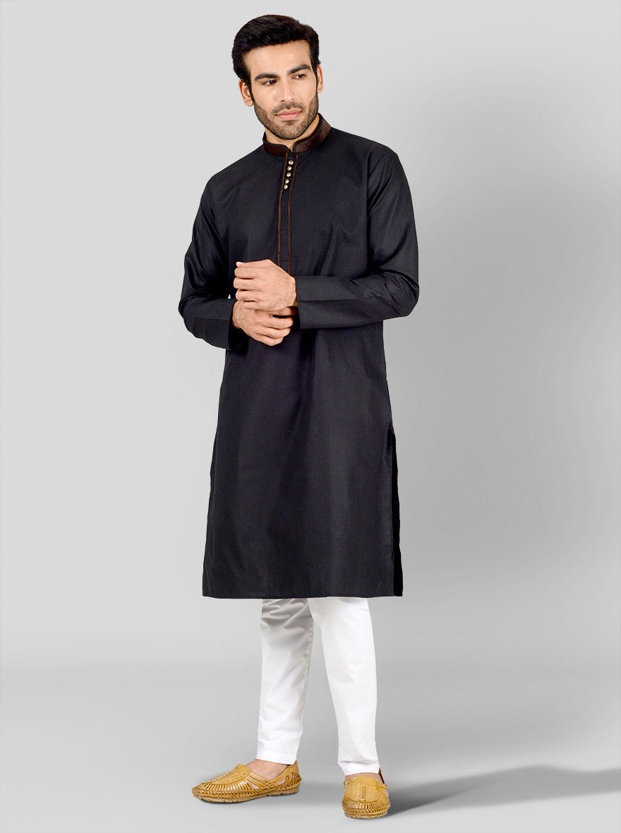 Stand out with this black flex cotton kurta set for men, featuring a mandarin collar and full sleeves.