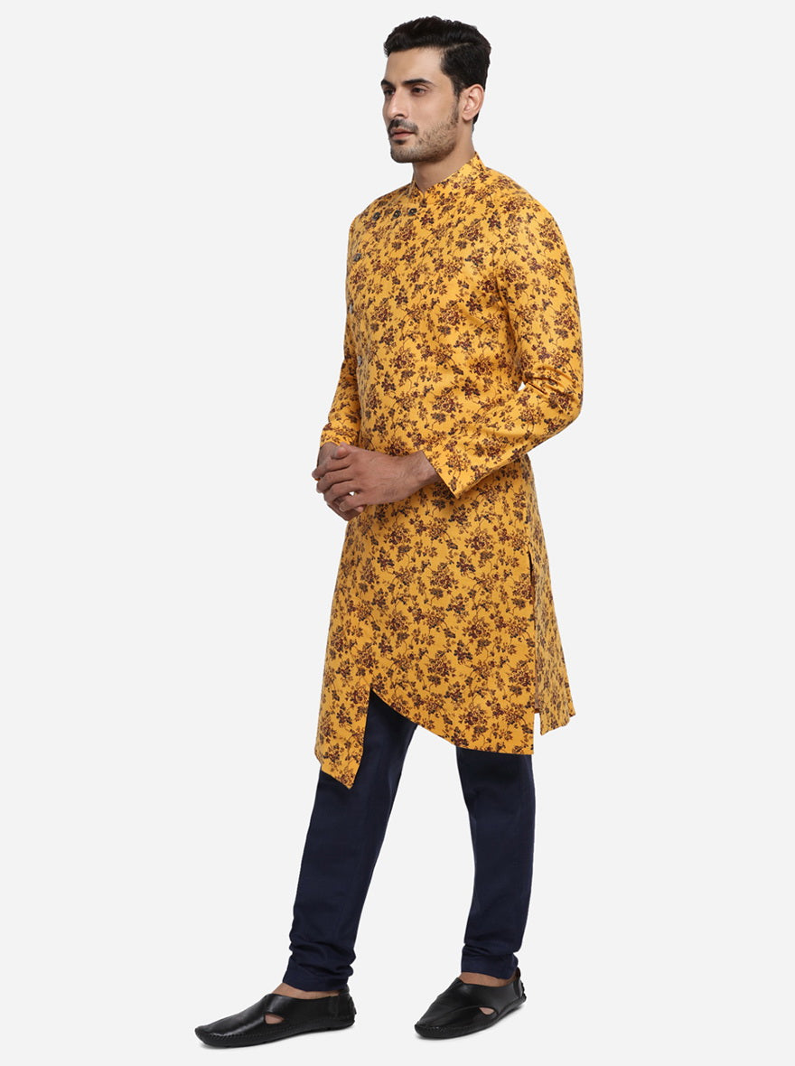 Printed orange semi Indo-western for men in jacquard fabric