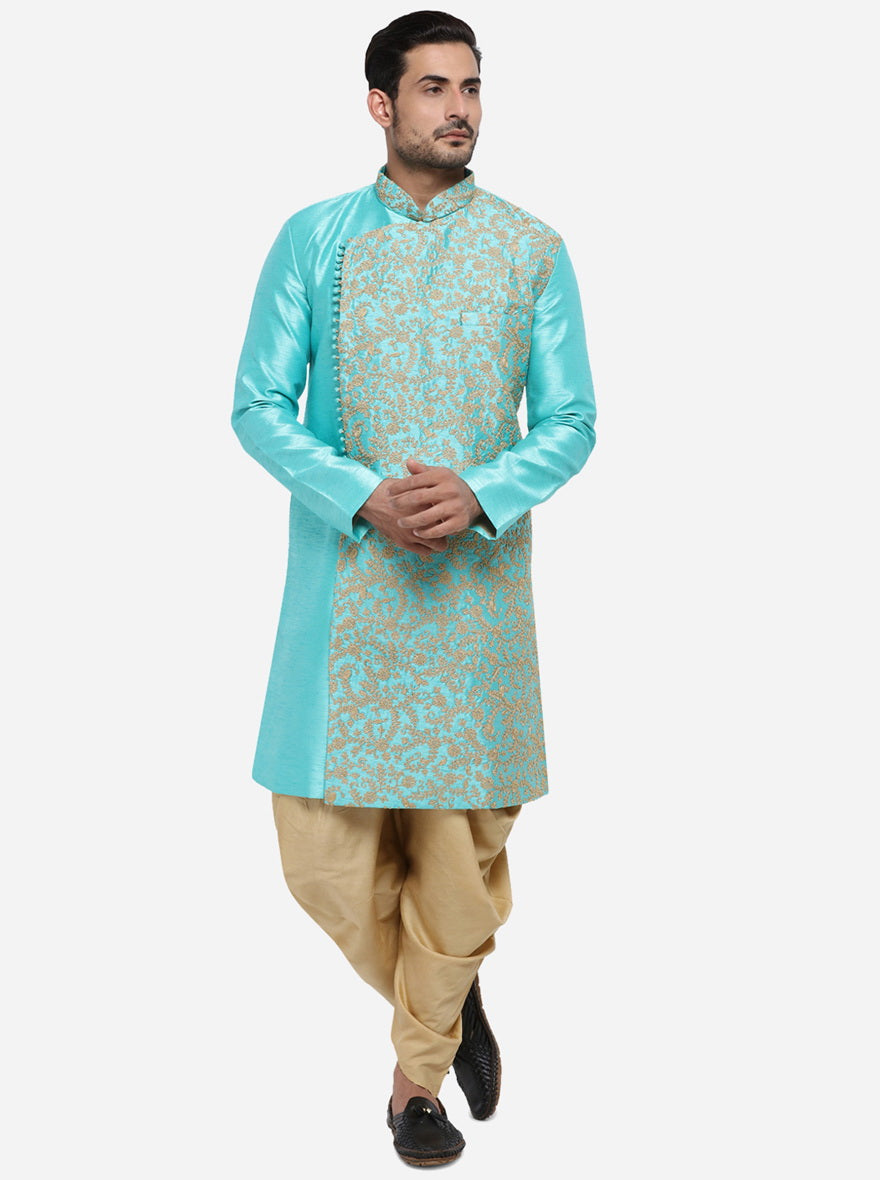 This versatile Embroidered Turquoise Blue & Golden Silk Blend is a must-have for fashionable outings and celebrations across the USA.