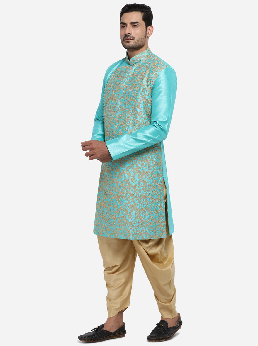 Make a statement at any occasion with the Embroidered Turquoise Blue & Golden Silk Blend, perfect for elevating your ethnic wear in the USA.