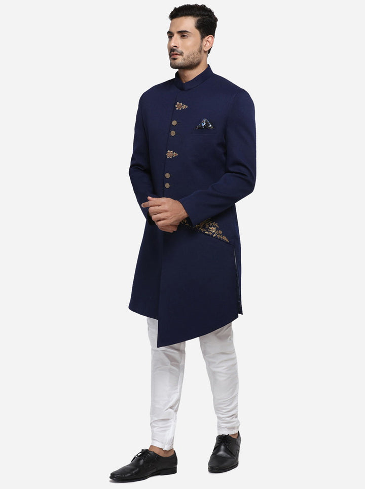 Men's navy blue Indo Western outfit, versatile traditional and formal wear.