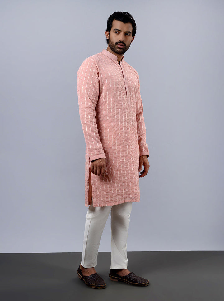 Designer onion pink kurta with embroidery, enhancing your wardrobe.