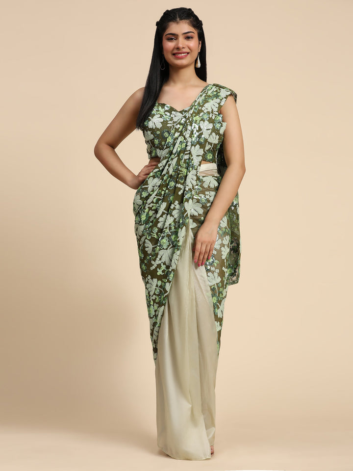 Green satin saree crafted for elegance and style.