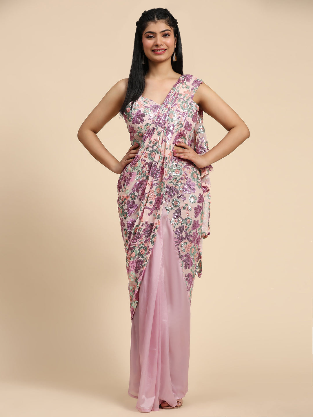 Pink satin saree crafted for elegance and style.