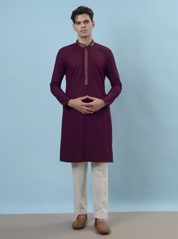 Comfortable wine kurta pajama, tailored for men celebrating weddings and sangeets across the USA.