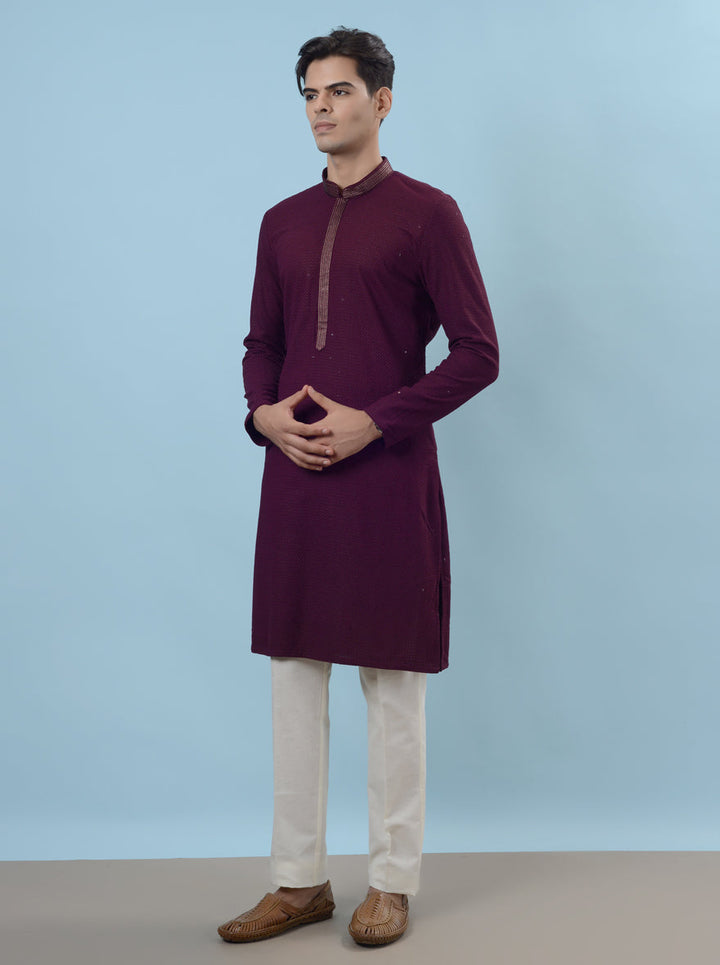 Timeless wine kurta pajama for men, crafted in silk blend, ideal for making a statement at festive events in the USA.