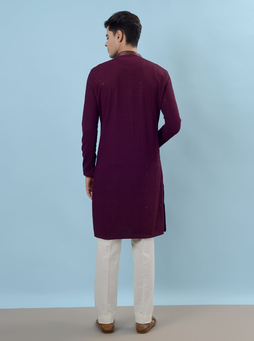 Chic wine kurta pajama made of luxurious silk blend, ensuring style and sophistication for your wardrobe in the USA.