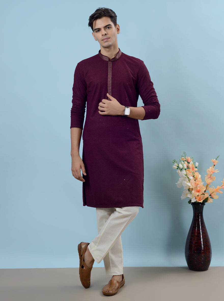 Unique wine kurta pajama for men in silk blend, combining tradition and elegance for festive gatherings in the USA.