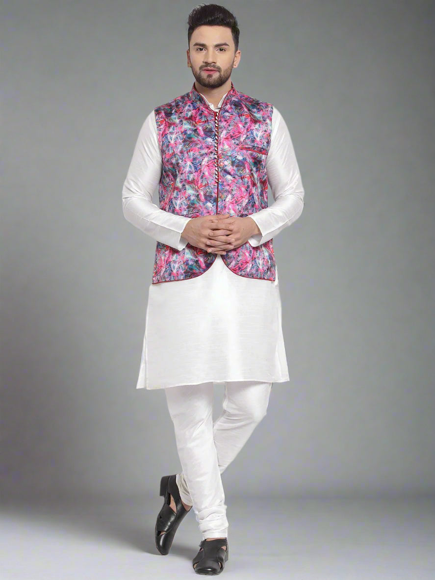 Men's White Kurta Pajama with Satin Jacket | Elegant Ethnic Wear for Weddings