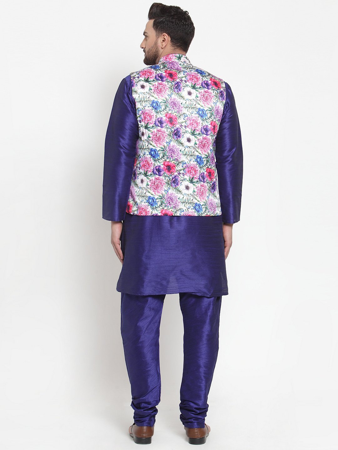 Navy Blue Kurta Pajama with Multicolor Jacket | Festive Ethnic Wear for Men