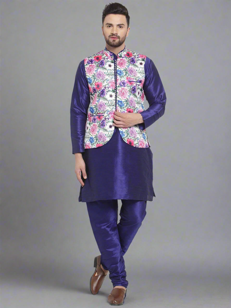 Navy Blue Kurta Pajama with Multicolor Jacket | Festive Ethnic Wear for Men