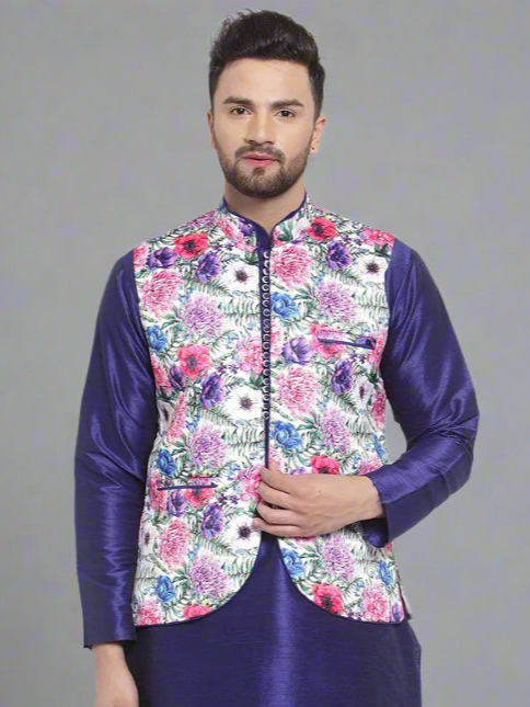 Navy Blue Kurta Pajama with Multicolor Jacket | Festive Ethnic Wear for Men