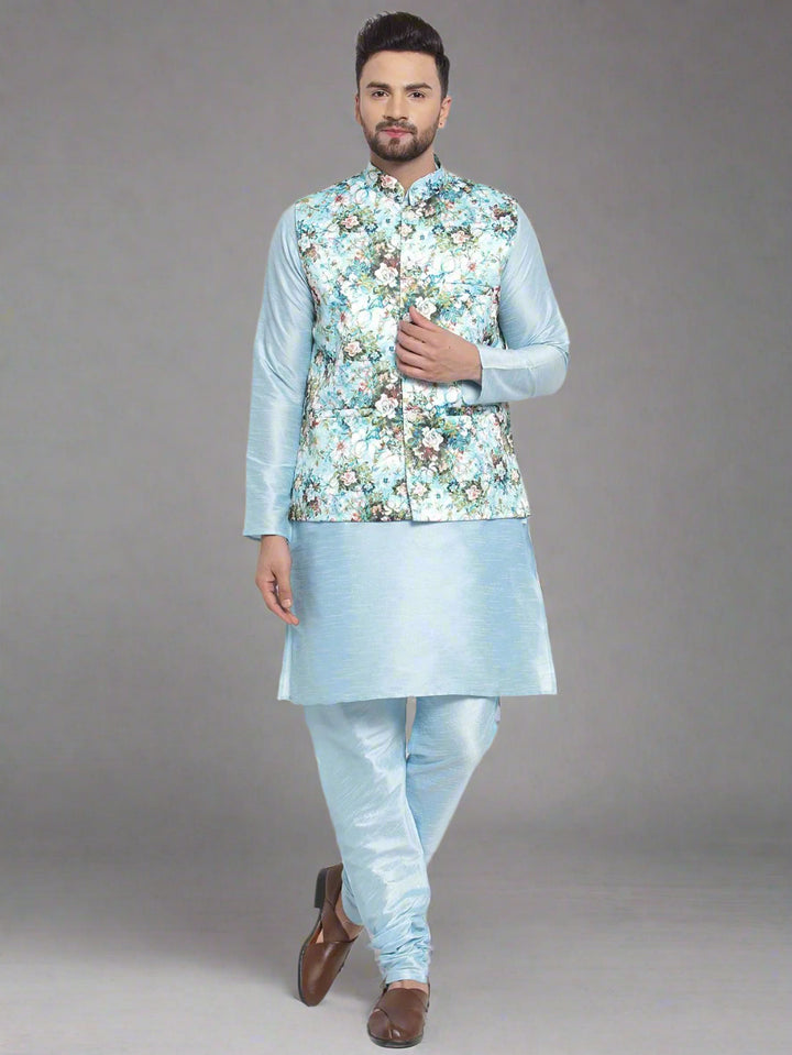 Traditional Sky Blue Kurta Pajama | Multicolor Jacket for Men