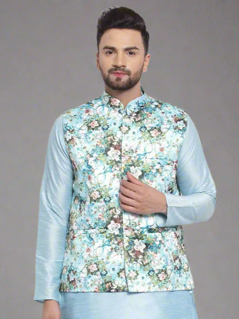 Traditional Sky Blue Kurta Pajama | Multicolor Jacket for Men