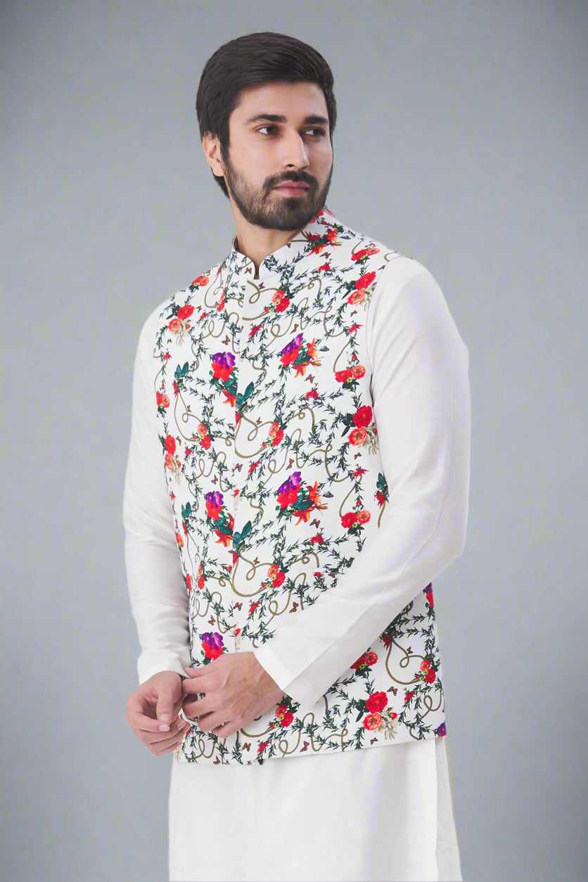 Stylish White Kurta Pajama | Festive Multicolor Jacket for Men