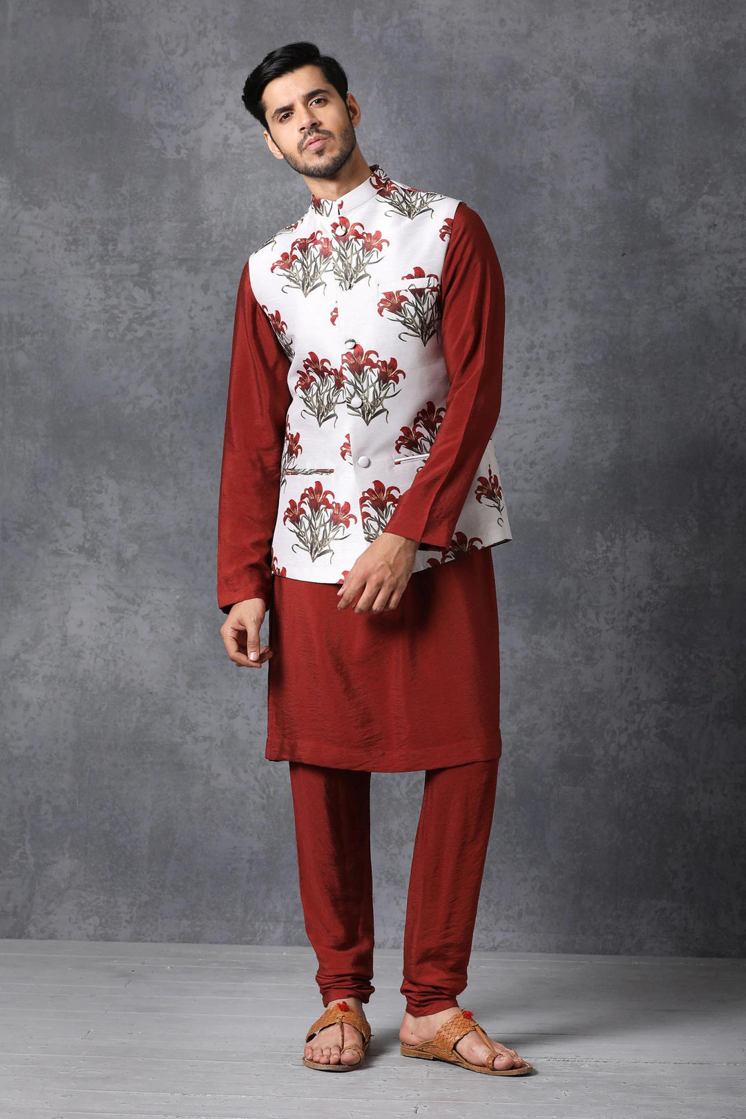 Red Kurta Pajama with White Satin Jacket | Traditional Ethnic Outfit