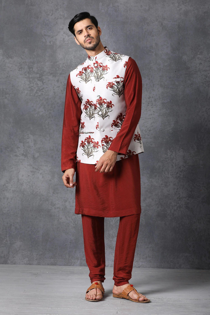 Red Kurta Pajama with White Satin Jacket | Traditional Ethnic Outfit