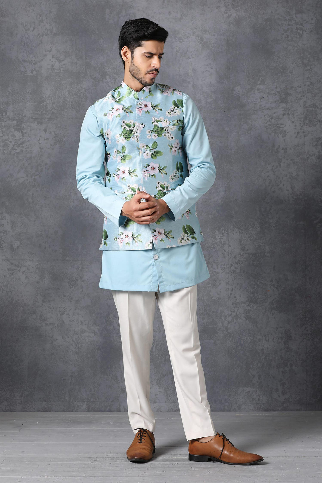 Sky Blue Raw Silk Kurta Pajama Set | Matching Satin Jacket for Men