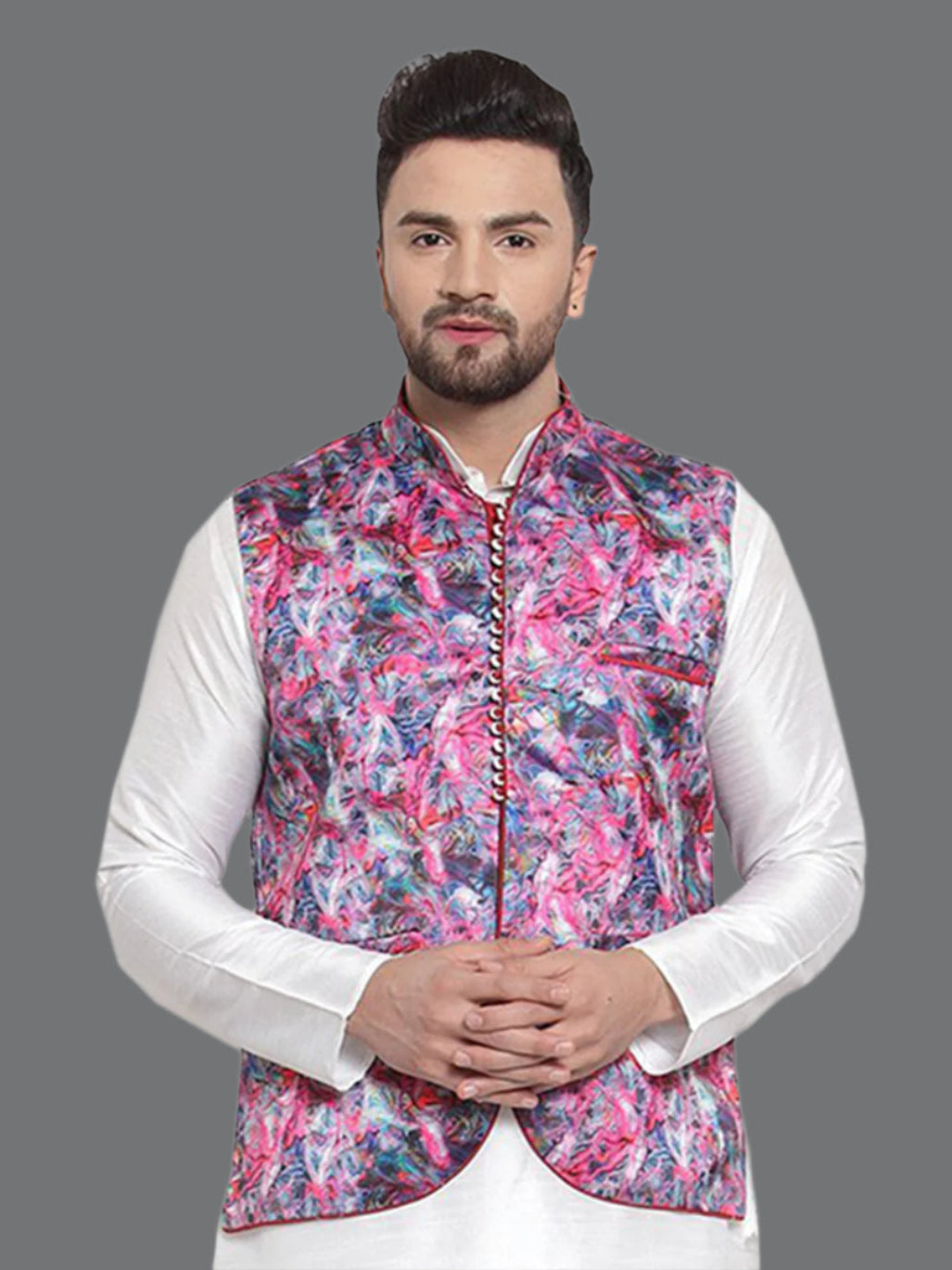 Stylish Multicolor Satin Printed Koti | Wedding Jacket for Men