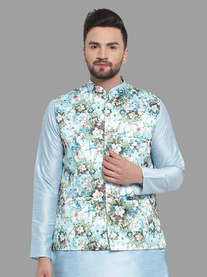 Multicolor Satin Printed Koti | Wedding Kurta Jacket Set