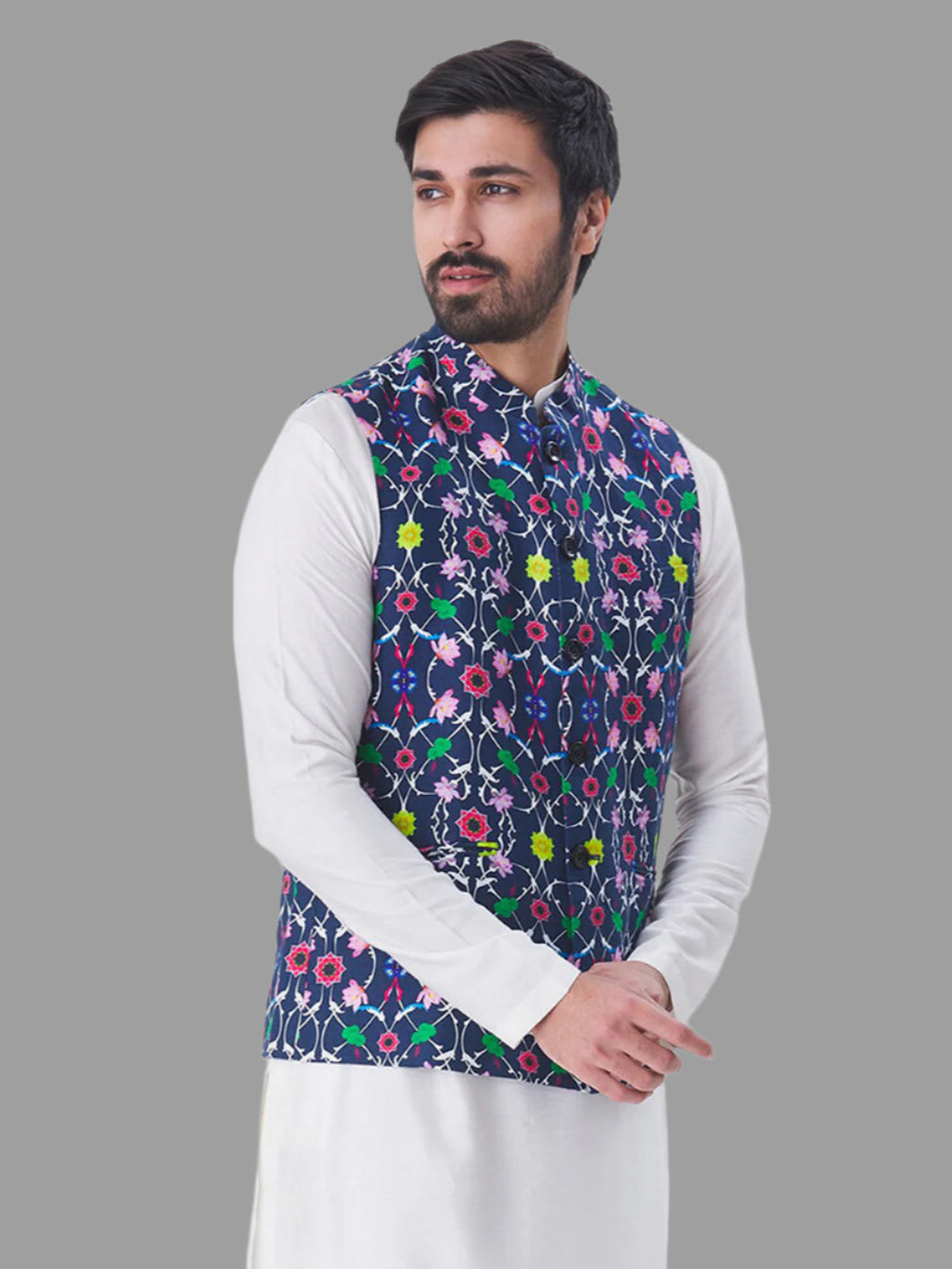 Men’s Multicolor Satin Printed Koti | Wedding & Festive Jacket