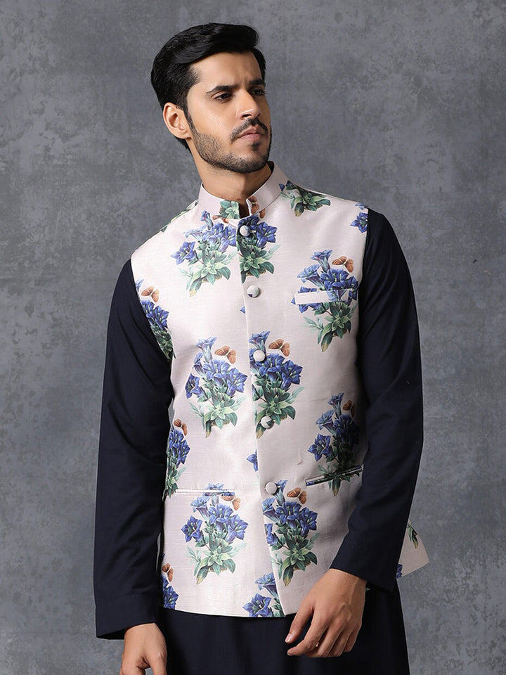 Stylish White Satin Printed Jacket | Wedding Jacket for Men