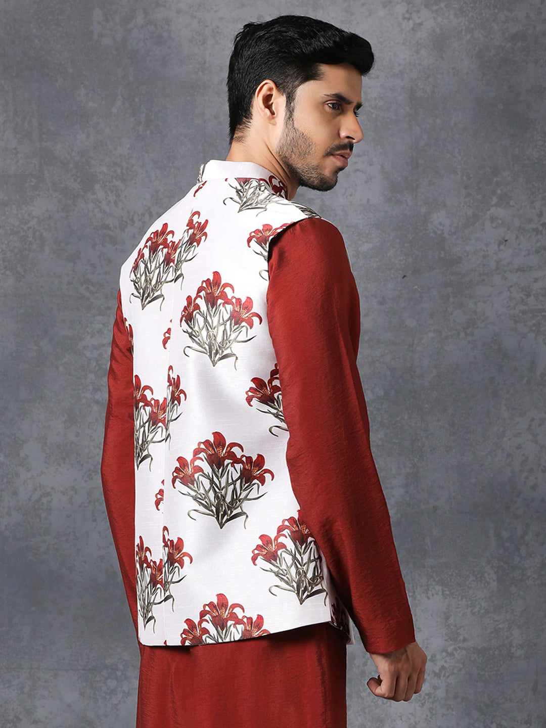 White Satin Printed Men’s Jacket | Elegant Ethnic Wear for Weddings