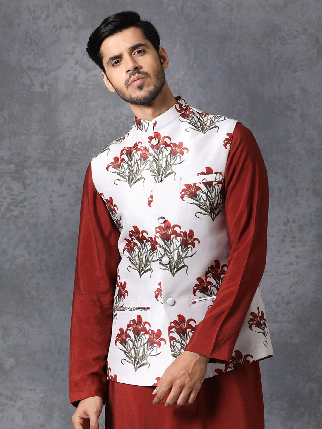 White Satin Printed Men’s Jacket | Elegant Ethnic Wear for Weddings