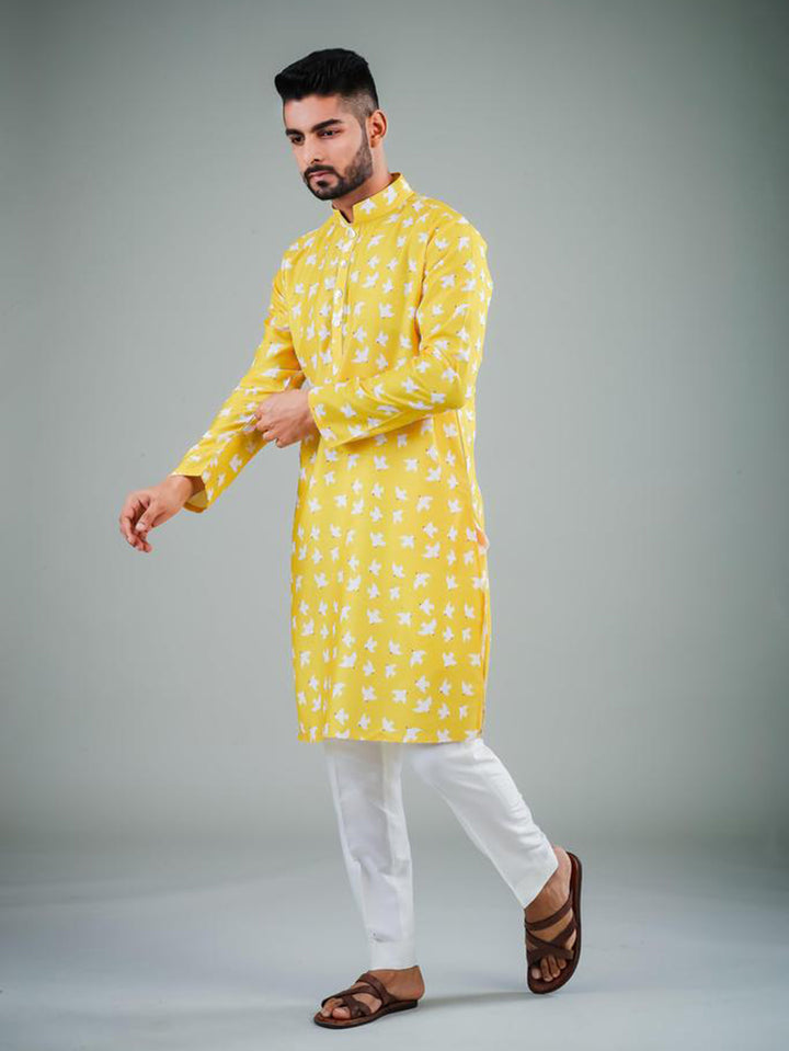 Yellow Printed Kurta Pajama | Off White Pajama  Satin Cotton Elegance