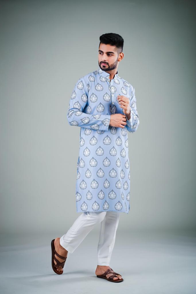 Designer Light Sky Blue Kurta Pajama | Off White Cotton Pajama