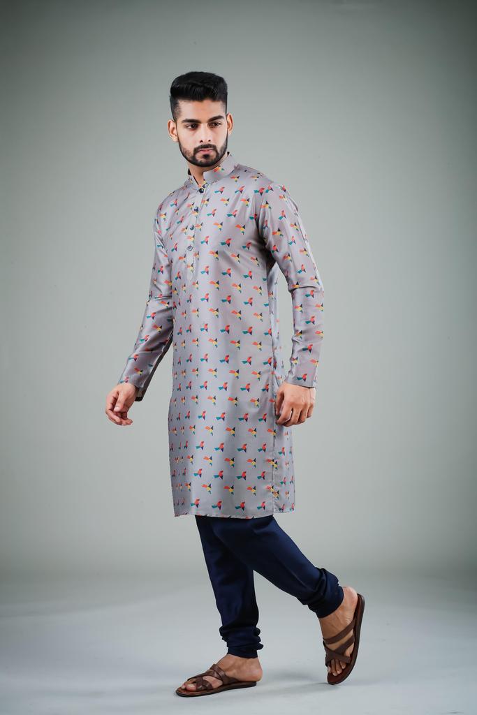 Elegant Grey Kurta Pajama | Navy Blue Bottoms Classic Ethnic Look