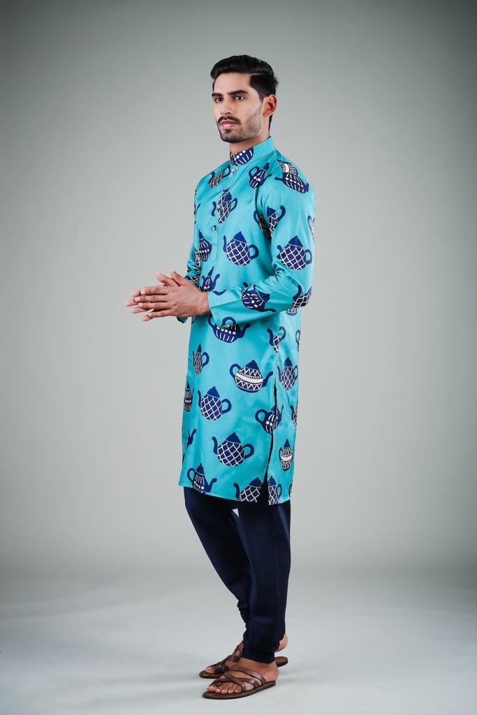 Royal Blue Printed Kurta Pajama | Festive Ethnic Wear for Men Trendy Look