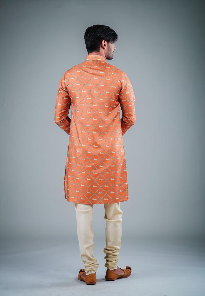 Trendy Orange Off White Kurta Pajama | Satin Cotton & Cotton Combo